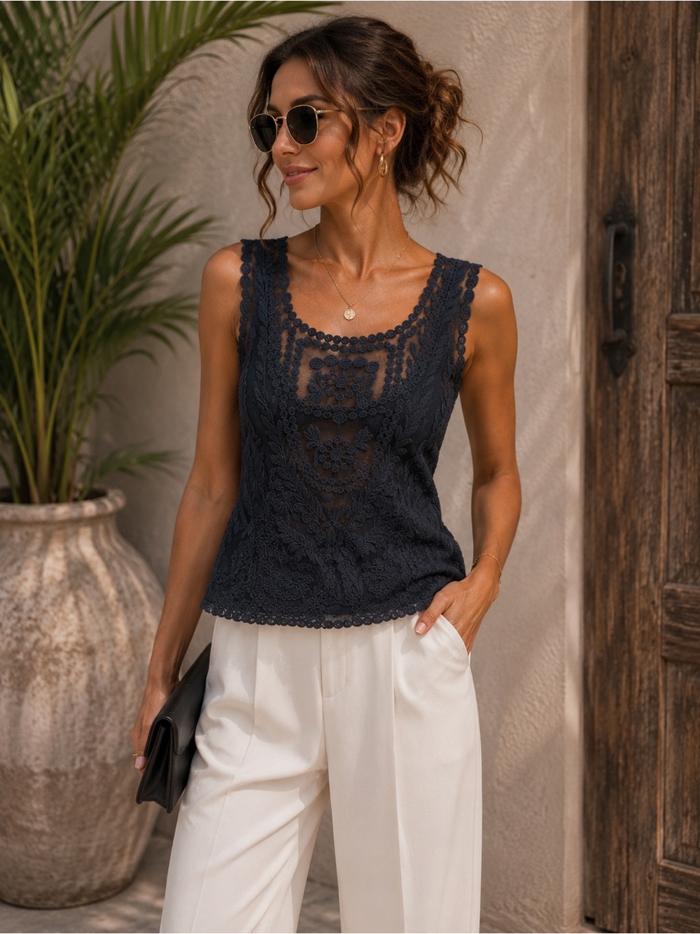 Black Embroidered Lace Mesh Boho Top Size S